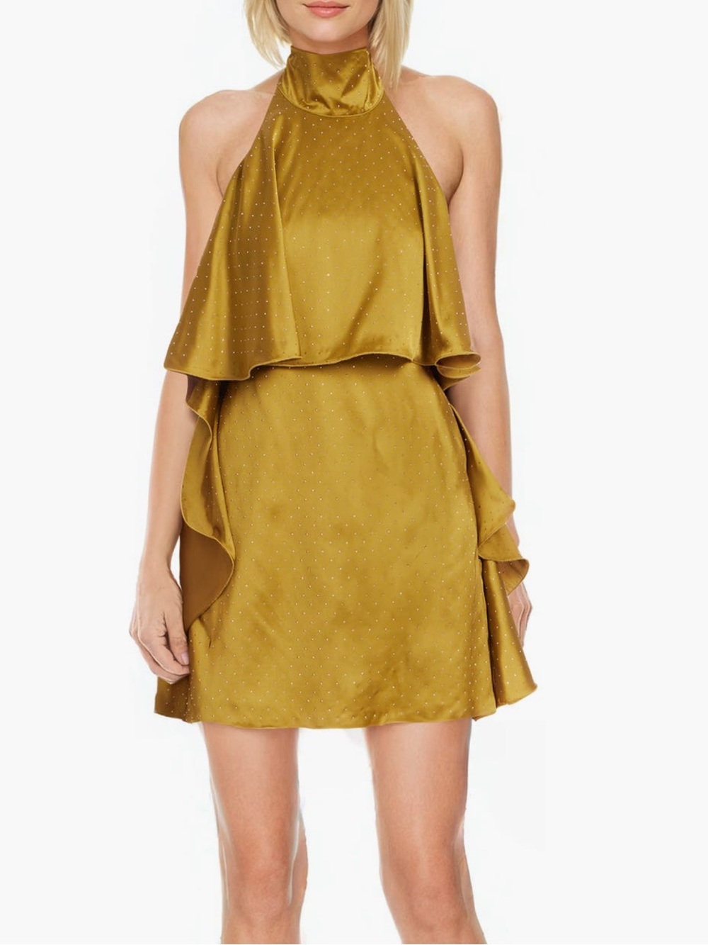 Badgley Mischka Olive Green Halter Ruffle Mini Dress